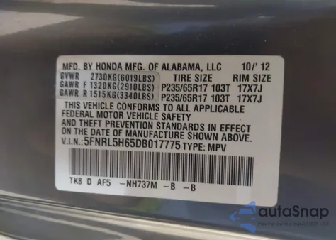 2013 Honda Odyssey Ex-L z USA, uszkodzony, nr VIN 5FNRL5H65DB017775